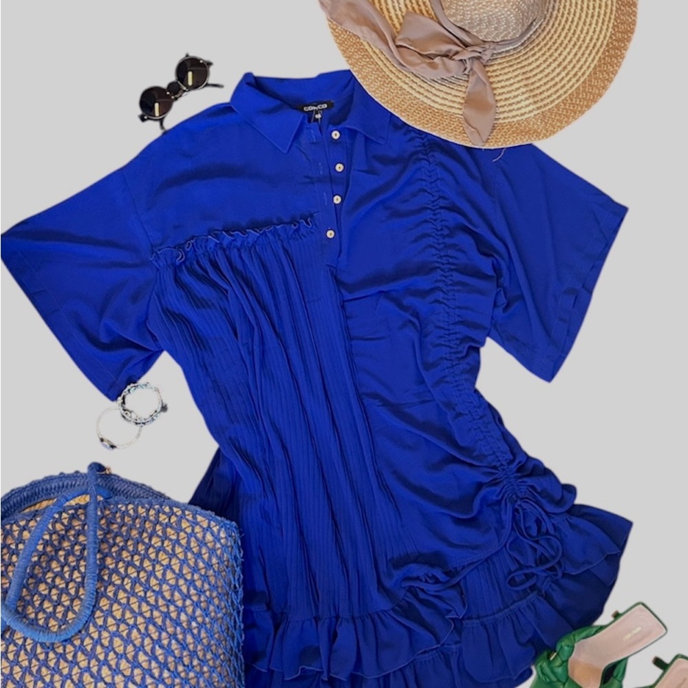 Royal Blue Pleated Ruffle Tunic Dress
